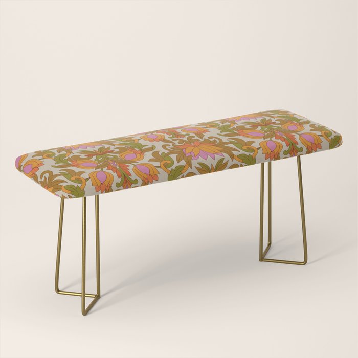Orange, Pink Flowers and Green Leaves 1960s Retro Vintage Pattern Bench Gallery Image 2