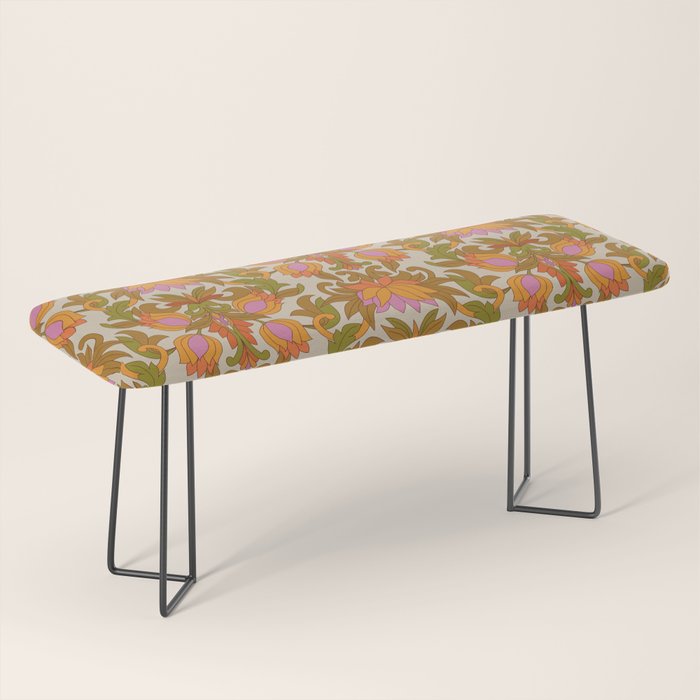 Orange, Pink Flowers and Green Leaves 1960s Retro Vintage Pattern Bench Gallery Image 1