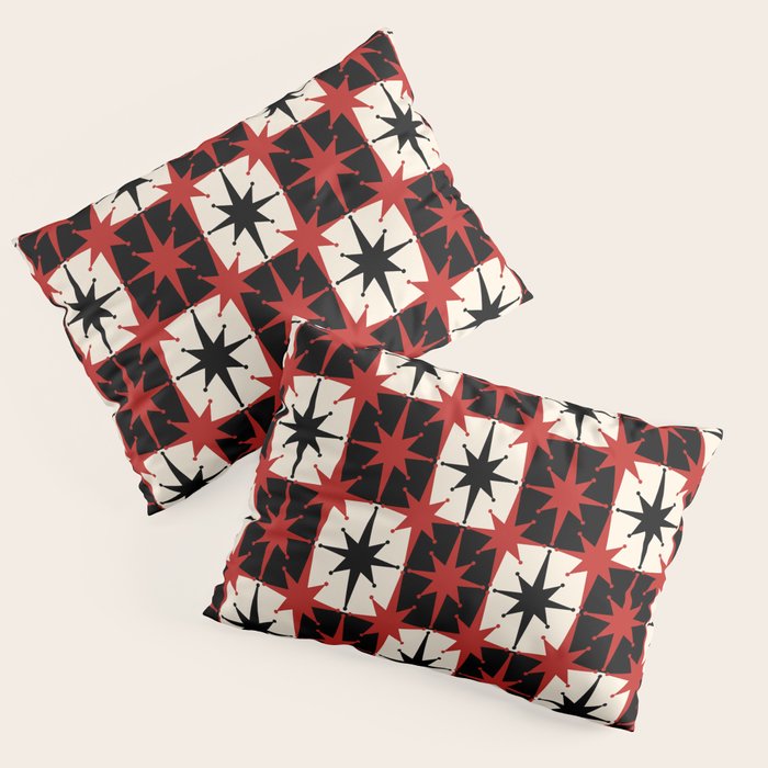 Mid Century Modern Atomic Stars Retro Checkered Starburst Pattern Black Cream Red Pillow Sham Gallery Image 3