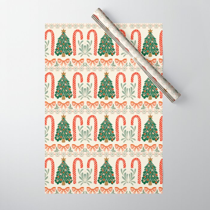 Festive Christmas Elements Candy Cane Tree and Bows Holiday Design Wrapping Paper Gallery Image 1