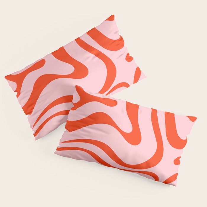 Modern Retro Liquid Swirl Abstract Pattern in Light Pink and Red Orange Pillow Sham Gallery Image 2