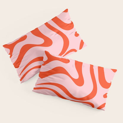 Modern Retro Liquid Swirl Abstract Pattern in Light Pink and Red Orange Pillow Sham Gallery Image 4