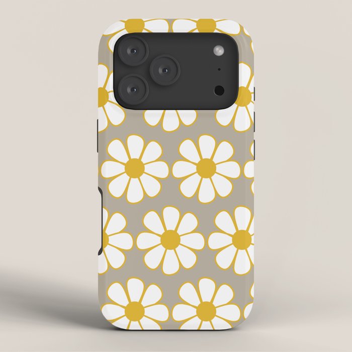 Cheerful Retro Daisy Floral Pattern in Mustard Gold and Gray iPhone Case Gallery Image 3