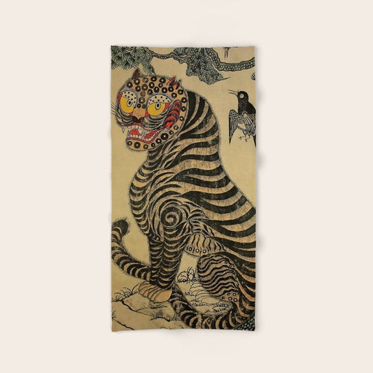 Striped Vintage Minhwa Tiger and Magpie Bath Towel Gallery Image 2