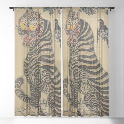 Striped Vintage Minhwa Tiger and Magpie Window Curtain Gallery Image 21