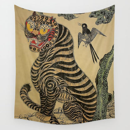 Striped Vintage Minhwa Tiger and Magpie Wall Tapestry Gallery Image 2
