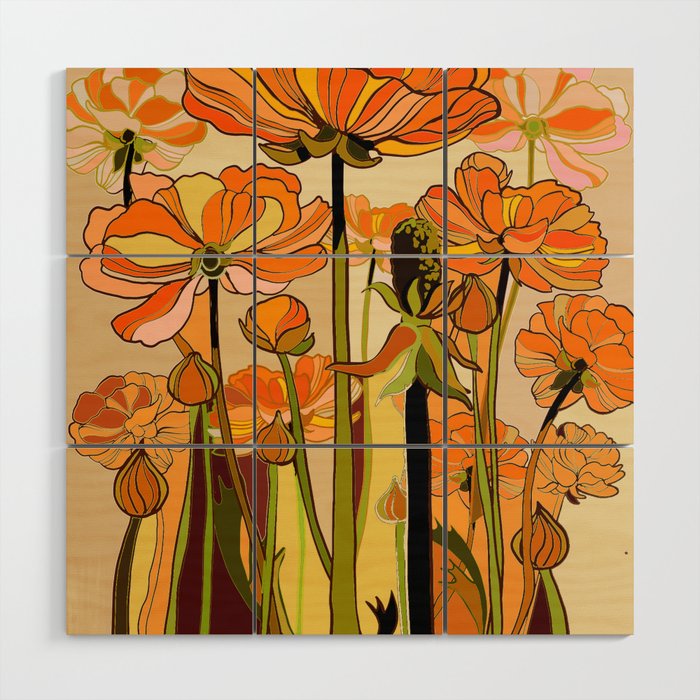 70s, Orange California poppies, mid century, 70s retro, flowers Wood Wall Art Gallery Image 2