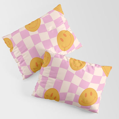 Groovy Smiley Faces on Pastel Pink Twisted Checkerboard Pillow Sham Gallery Image 3