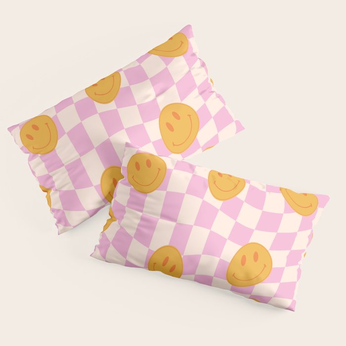 Groovy Smiley Faces on Pastel Pink Twisted Checkerboard Pillow Sham Gallery Image 2