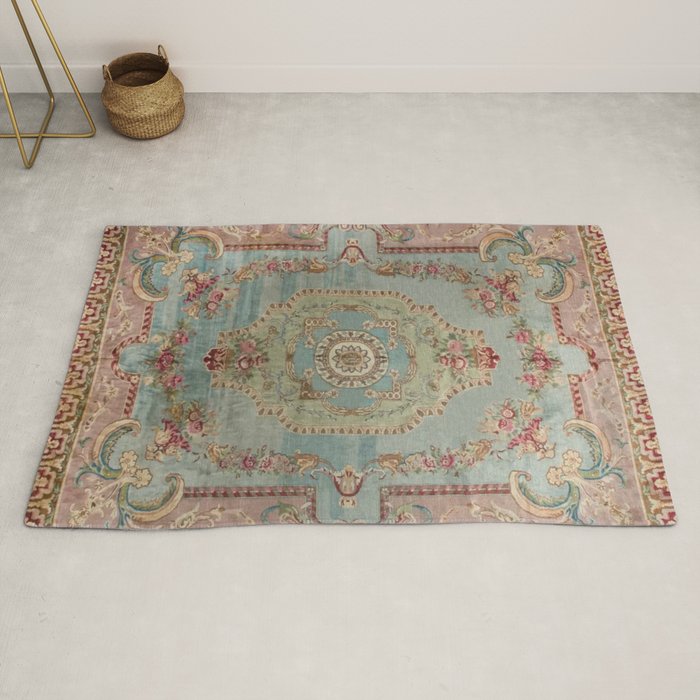 Antique French Rose Blue Aubusson Rug Gallery Image 2