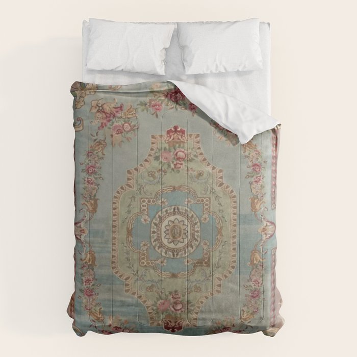 Antique French Rose Blue Aubusson Comforter Gallery Image 1