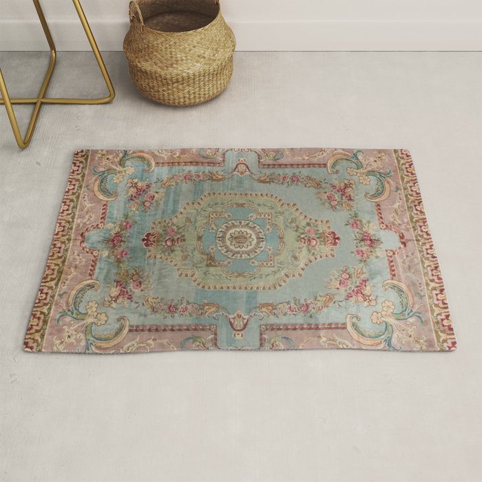 Antique French Rose Blue Aubusson Rug Gallery Image 1
