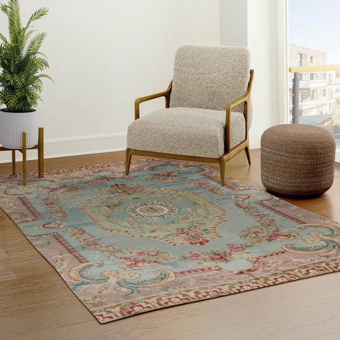 Antique French Rose Blue Aubusson Rug Gallery Image 3