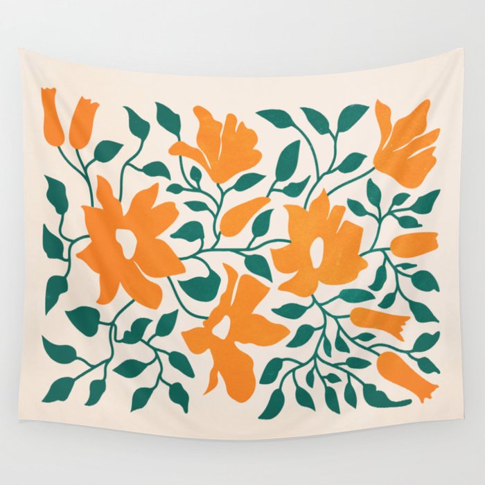 Tangerine & Pine: Matisse Flowers & Leaves Wall Tapestry Gallery Image 1