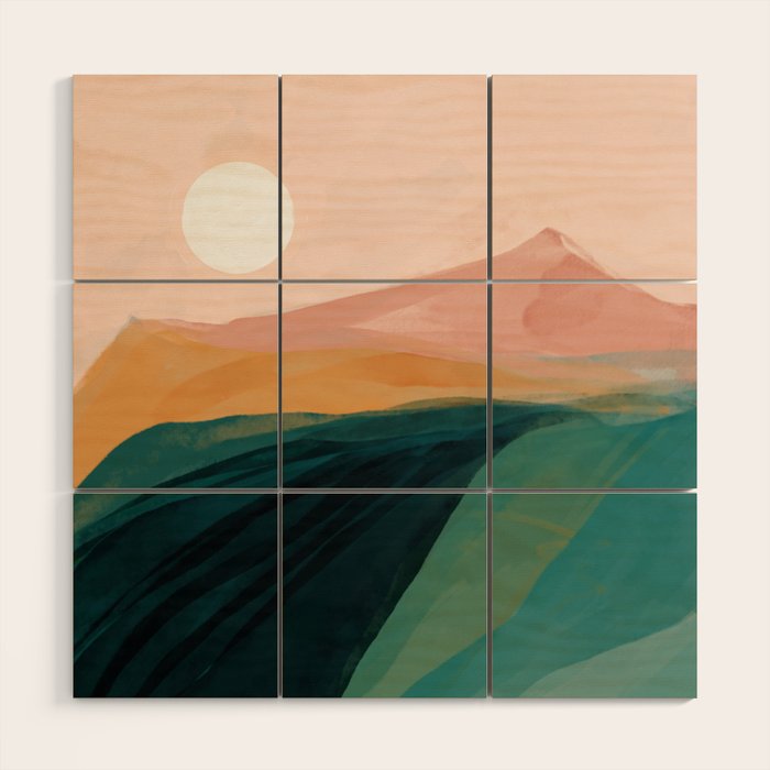 pink, green, gold moon watercolor mountains Wood Wall Art Gallery Image 3