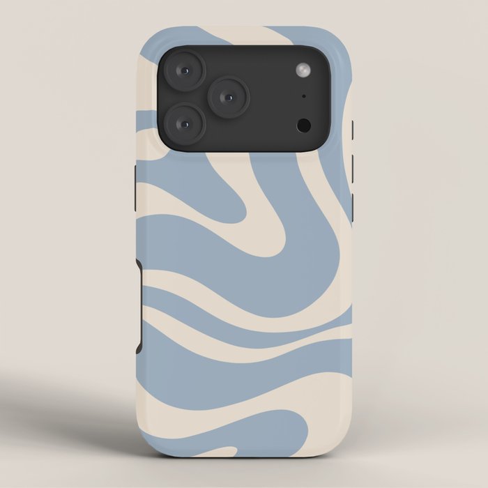 Modern Retro Liquid Swirl Abstract Pattern Square in Muted Light Blue and Cream Beige iPhone Case Gallery Image 3