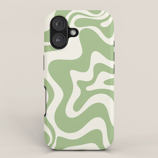 Retro Liquid Swirl Abstract Pattern in Light Sage Green and Cream iPhone Case Gallery Image 1