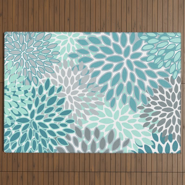 Modern, Floral Prints, Teal and Gray Outdoor Rug Gallery Image 4
