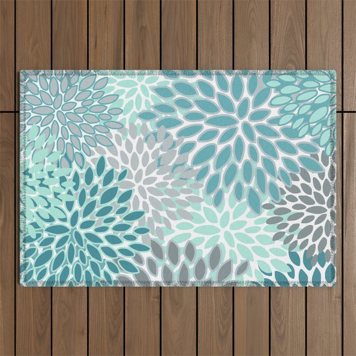 Modern, Floral Prints, Teal and Gray Outdoor Rug Gallery Image 1
