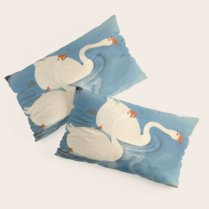 Shoson Two Geese Swimming Near Shore Antique Japanese Woodblock Print Pillow Sham Gallery Image 4