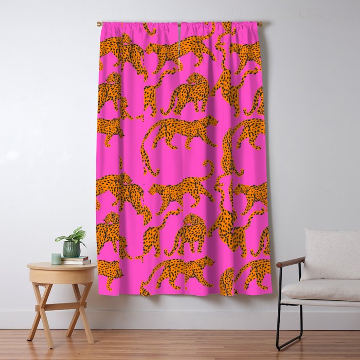 Abstract leopard with red lips illustration in fuchsia background Window Curtain Gallery Image 5