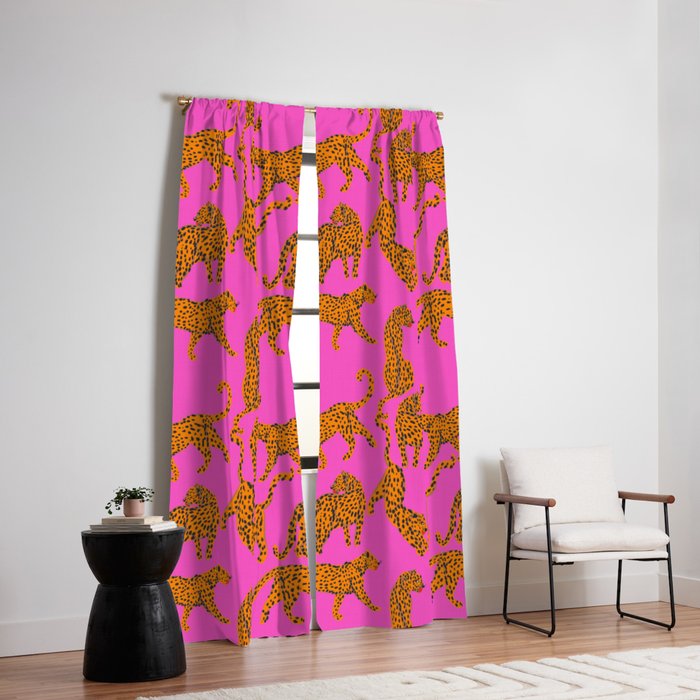 Abstract leopard with red lips illustration in fuchsia background Window Curtain Gallery Image 6