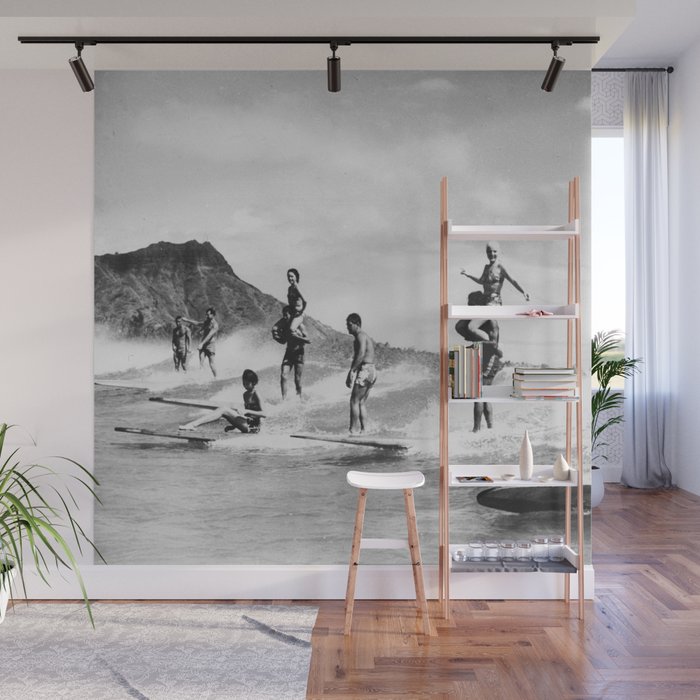 Vintage Hawaii Tandem Surfing Wall Mural Gallery Image 1
