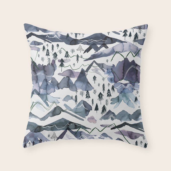 Mountains Watercolor Nature Trees Ski Snow Blue Indigo Throw Pillow Gallery Image 3
