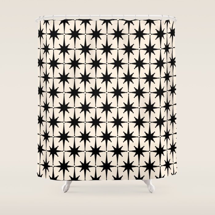 Midcentury Modern Atomic Age Starburst Pattern in Black and Almond Cream Shower Curtain Gallery Image 1