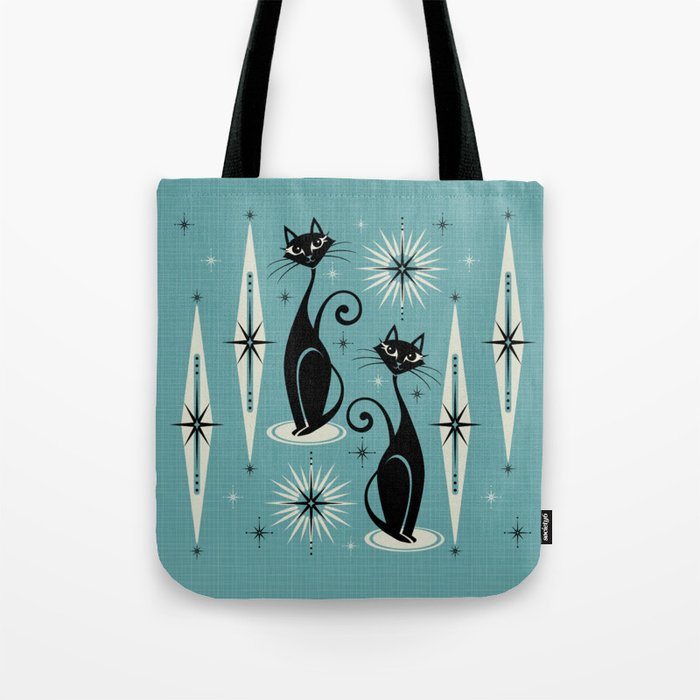 Mid Century Meow Retro Atomic Cats on Blue Tote Bag Gallery Image 1