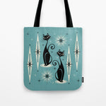 Mid Century Meow Retro Atomic Cats on Blue Tote Bag Gallery Image 1
