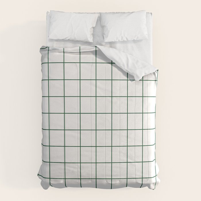 Grid Pattern White Forest Green Windowpane Graph Check Stripe Lines Minimalist Stripes Line Drawing Comforter Gallery Image 1