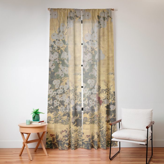 Red White Chrysanthemums Vintage Floral Japanese Gold Leaf Screen Window Curtain Gallery Image 16
