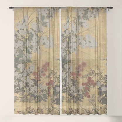 Red White Chrysanthemums Vintage Floral Japanese Gold Leaf Screen Window Curtain Gallery Image 17