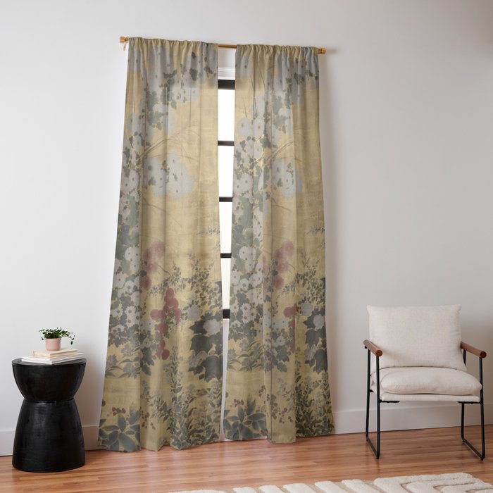 Red White Chrysanthemums Vintage Floral Japanese Gold Leaf Screen Window Curtain Gallery Image 14