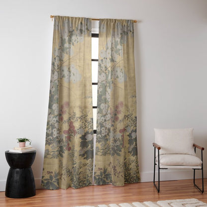 Red White Chrysanthemums Vintage Floral Japanese Gold Leaf Screen Window Curtain Gallery Image 14