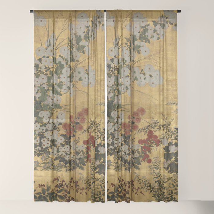 Red White Chrysanthemums Vintage Floral Japanese Gold Leaf Screen Window Curtain Gallery Image 22