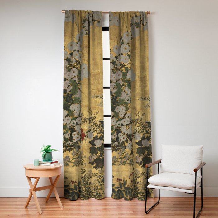 Red White Chrysanthemums Vintage Floral Japanese Gold Leaf Screen Window Curtain Gallery Image 4