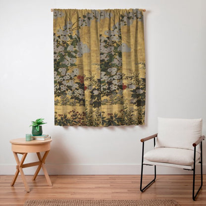 Red White Chrysanthemums Vintage Floral Japanese Gold Leaf Screen Window Curtain Gallery Image 3
