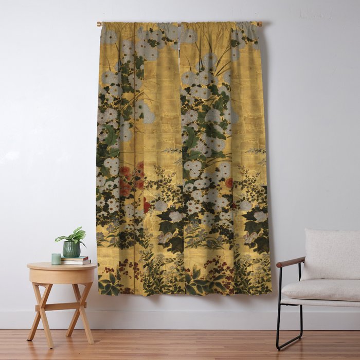 Red White Chrysanthemums Vintage Floral Japanese Gold Leaf Screen Window Curtain Gallery Image 1