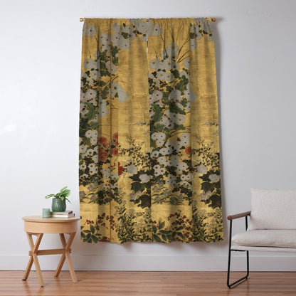 Red White Chrysanthemums Vintage Floral Japanese Gold Leaf Screen Window Curtain Gallery Image 1