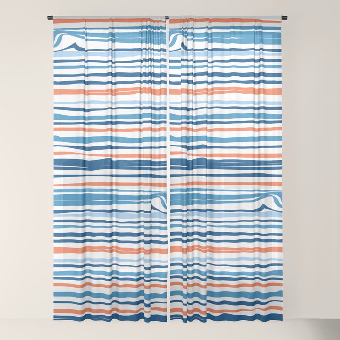 Modern Abstract Ocean Wave Stripes in Classic Blues and Orange Window Curtain Gallery Image 22