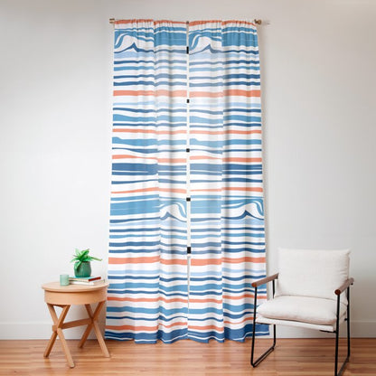 Modern Abstract Ocean Wave Stripes in Classic Blues and Orange Window Curtain Gallery Image 16
