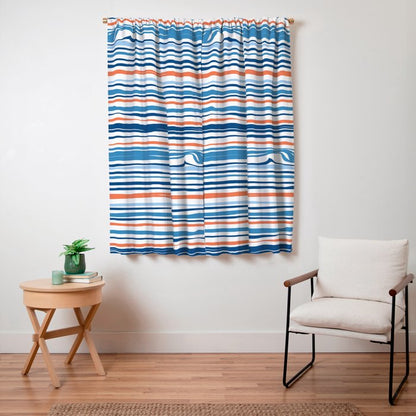 Modern Abstract Ocean Wave Stripes in Classic Blues and Orange Window Curtain Gallery Image 7
