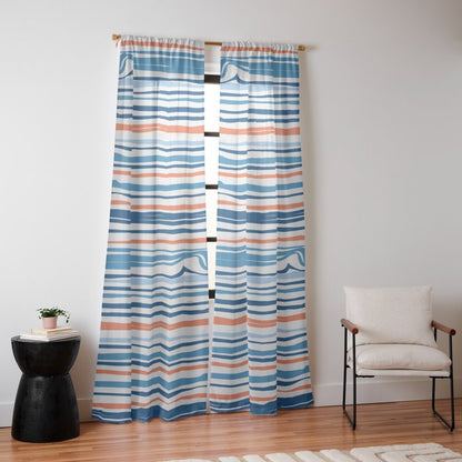 Modern Abstract Ocean Wave Stripes in Classic Blues and Orange Window Curtain Gallery Image 10