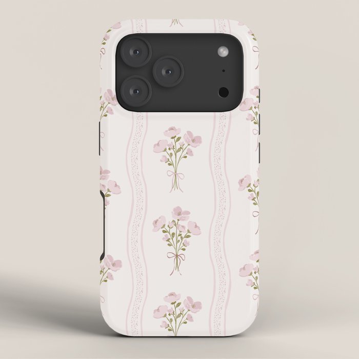 Delicate floral bouquets with vertical stripes - Pink and moss green pattern iPhone Case Gallery Image 3