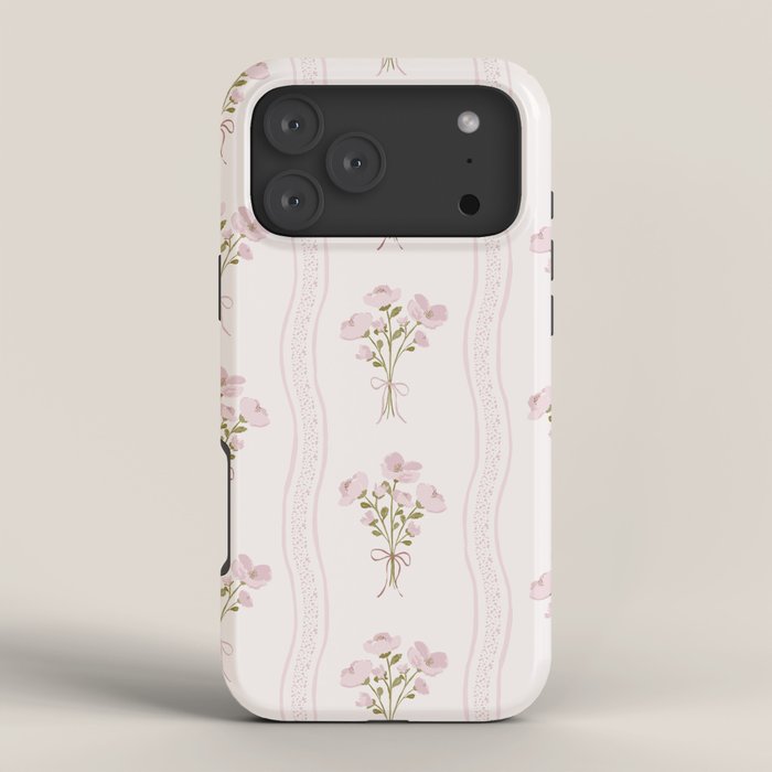 Delicate floral bouquets with vertical stripes - Pink and moss green pattern iPhone Case Gallery Image 4