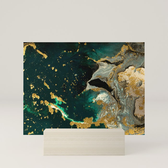 Abstract Pour Painting Liquid Marble Abstract Dark Green Painting Gold Accent Agate Stone Layers Mini Art Print Gallery Image 5