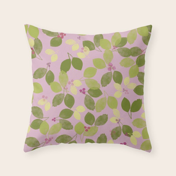 Summer Leaves and Berries on Pink Throw Pillow Gallery Image 2