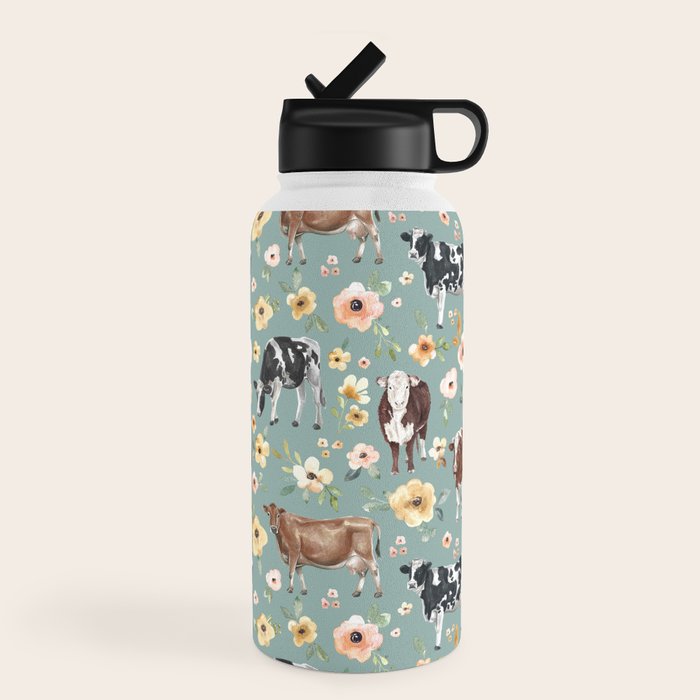 Cows and Flowers on Country Blue, Yellow Flowers, Cow Floral, Pink Flowers Water Bottle Gallery Image 4